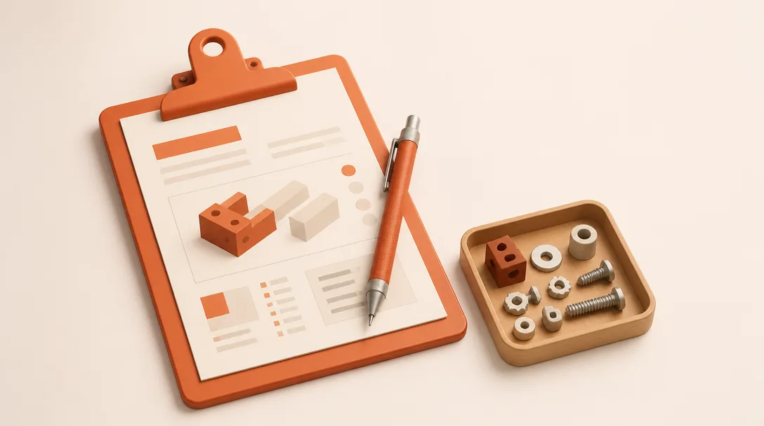 Clipboard holding a bill of materials next to a tray of small components
