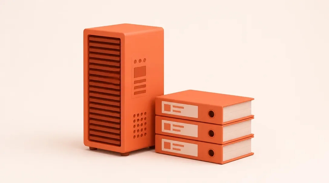 Illustration of a computer tower beside three binders representing linked inventory records